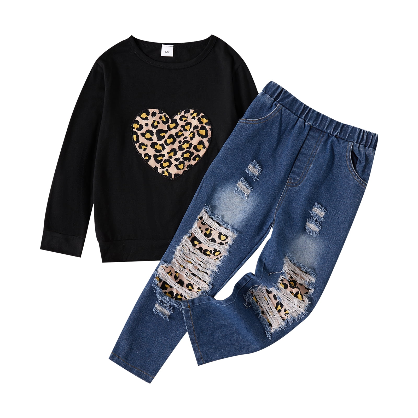 Kid Girl Sweatshirts and Denim Pants 2Pcs Leopard Pullover Outfits Set Size 5-12