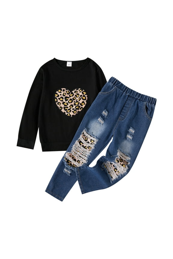 Kid Girl Sweatshirts and Denim Pants 2Pcs Leopard Pullover Outfits Set Size 5-12