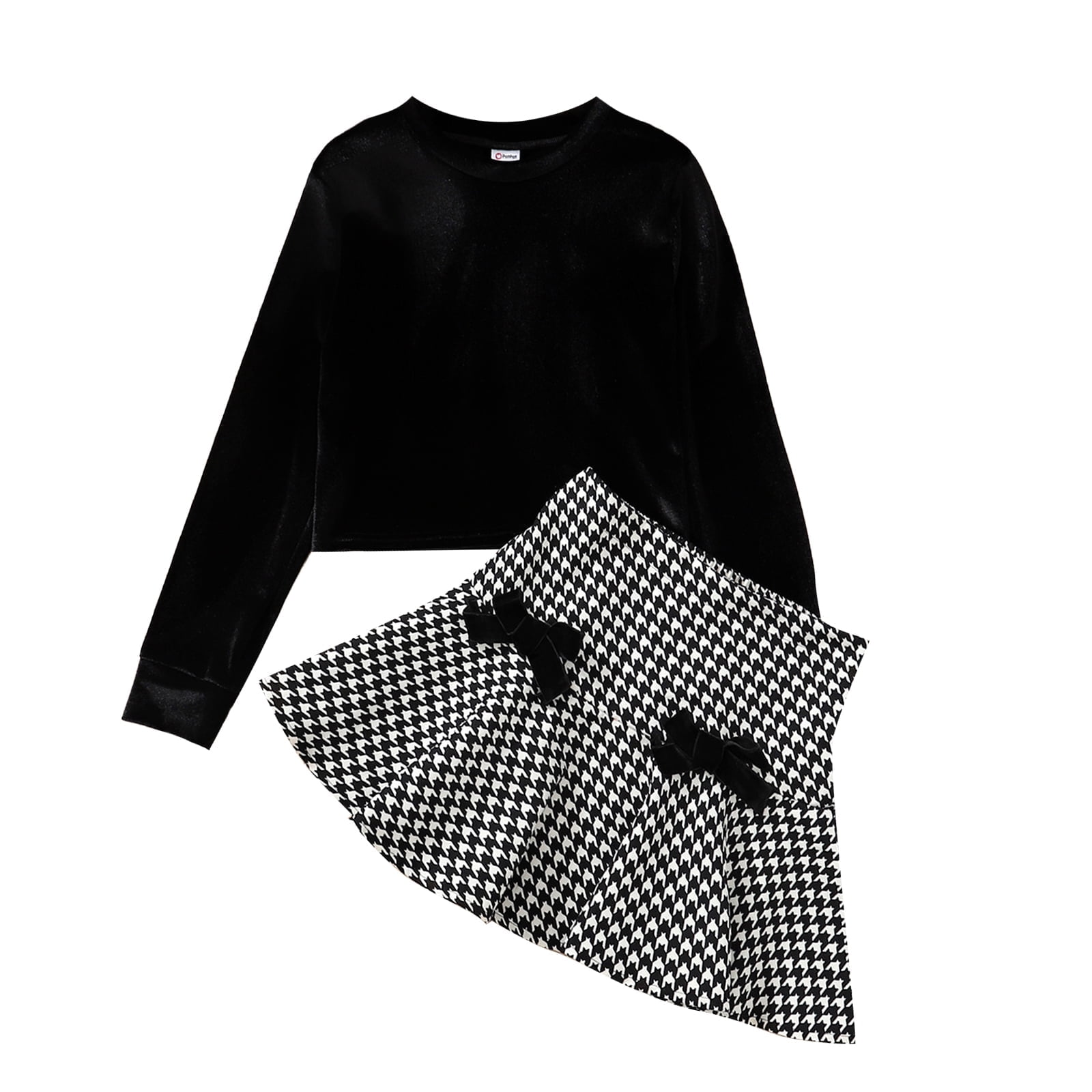 Kid Girls Black Skirt Set Velvet Crop Top and Houndstooth Pleated Skirt 2 Pieces Outfit Set Size 5-12