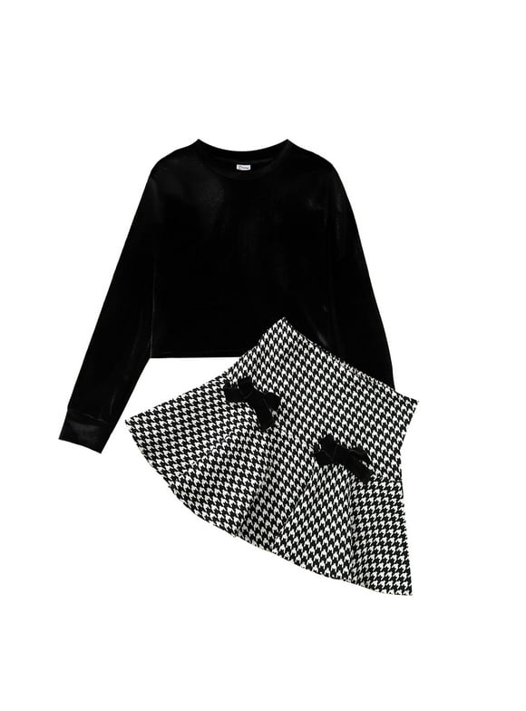 Kid Girls Black Skirt Set Velvet Crop Top and Houndstooth Pleated Skirt 2 Pieces Outfit Set Size 5-12