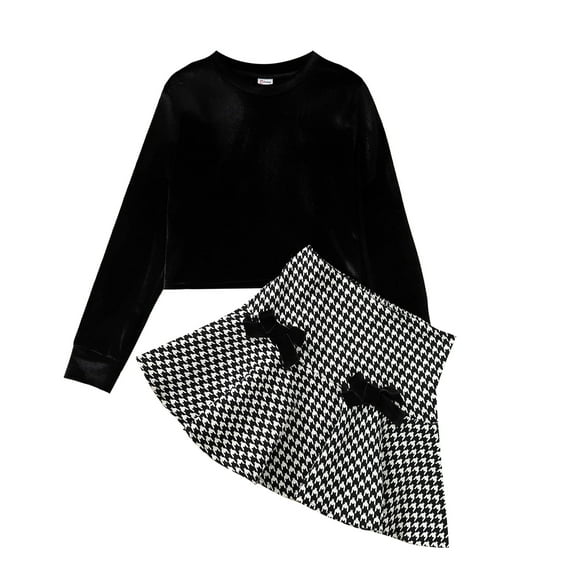 PatPat Kid Girls Black Skirt Set Velvet Crop Top and Houndstooth Pleated Skirt 2 Pieces Outfit Set Size 5-12
