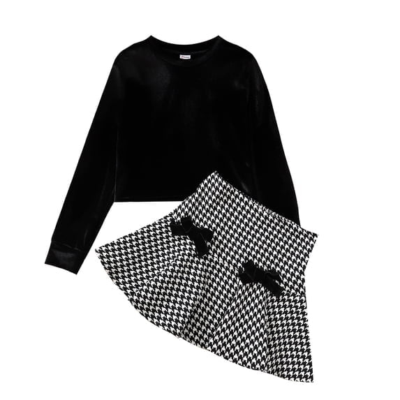 PatPat Kid Girls Black Skirt Set Velvet Crop Top and Houndstooth Pleated Skirt 2 Pieces Outfit Set Size 5-12