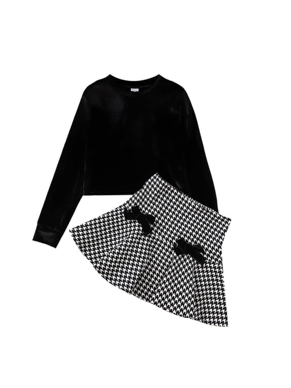 Kid Girls Black Skirt Set Velvet Crop Top and Houndstooth Pleated Skirt 2 Pieces Outfit Set Size 5-12