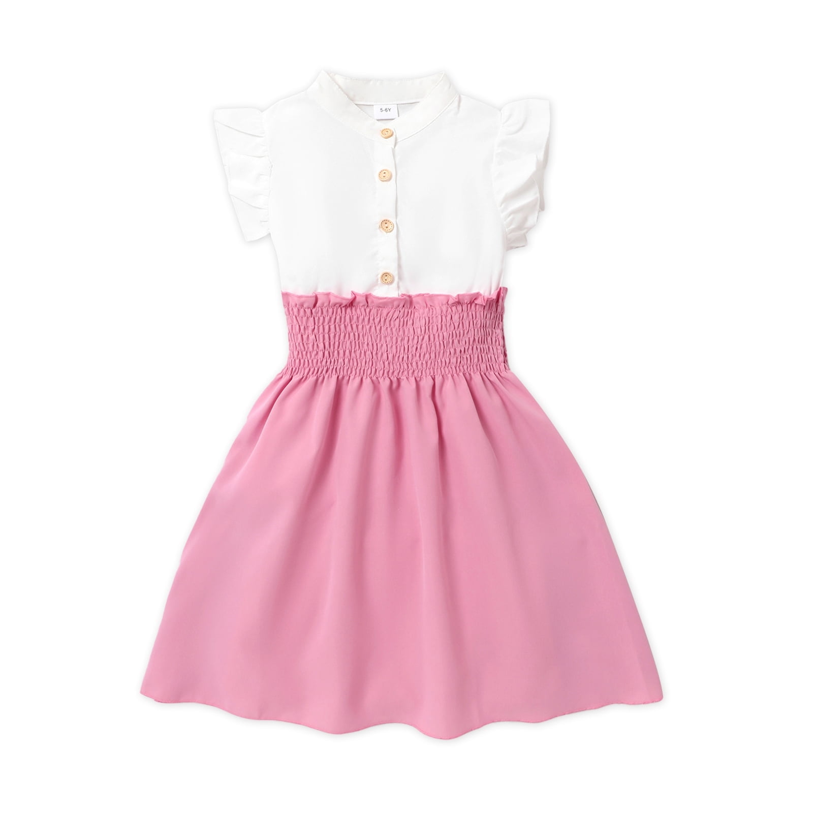 PatPat Kid Girls Dresses Button Smocked Splice Ruffled Flutter Sleeveless Princess Party Dress Sizes 4 12