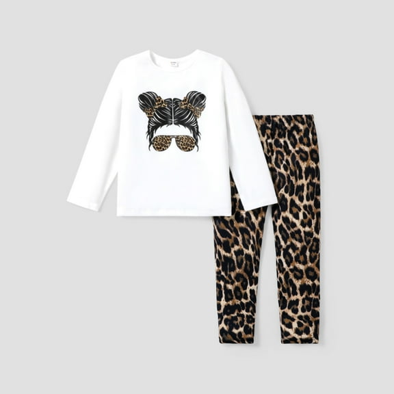PatPat Kid Girls Graphic Long Sleeves Top with Leopard Leggings 2pieces Outfit Set Sizes 5-12