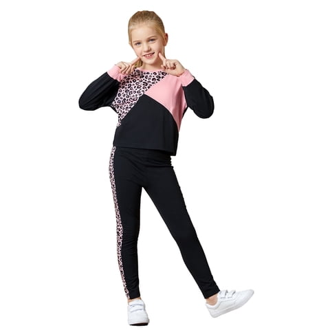 Kid Girls Sweatshirt and Jogger Set Leopard & Color Block Outfits Set Size 4-12
