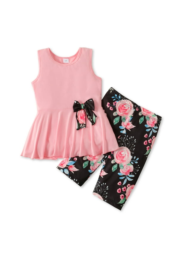 Kid's Sleeveless Peplum Top Floral Printed Leggings Outfit Set (Big Girls)