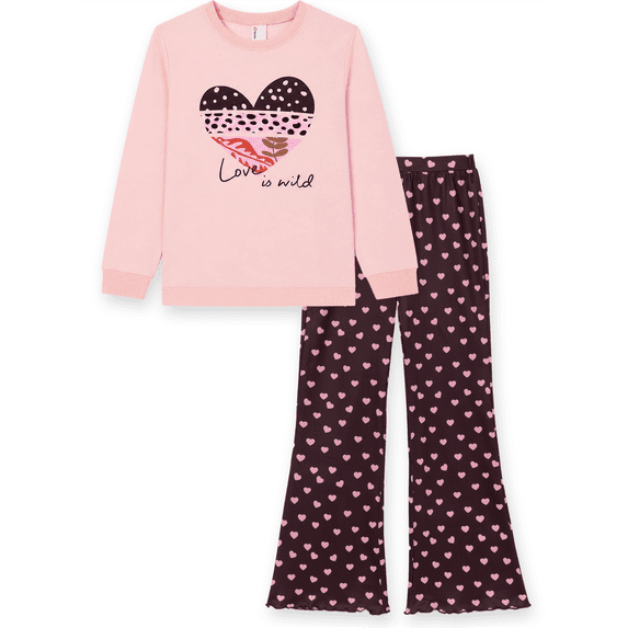 PatPat Kids Clothes 2 Piece Outfit Set Long Sleeve Heart Graphic Top Flare Pants Light Pink 5-6Y