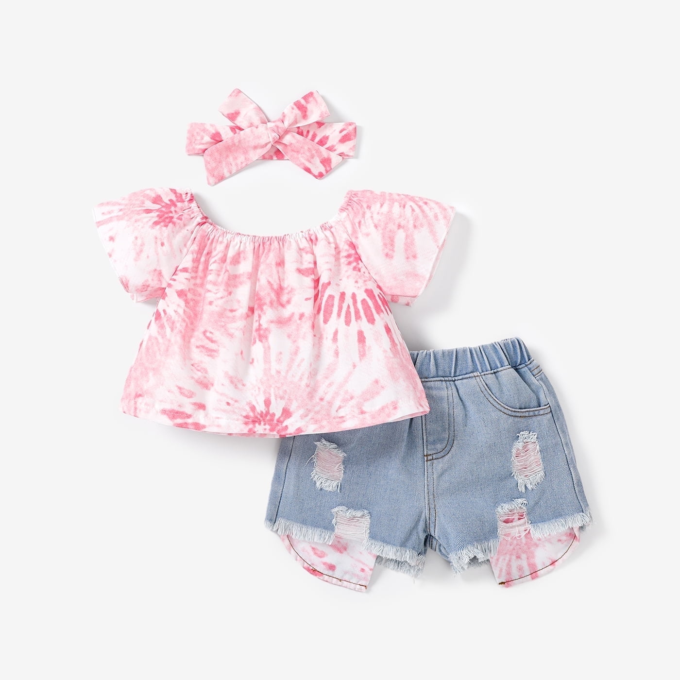 Kids Clothes Toddler Girls Outfit Sets 3pcs Tie Dye Off Shoulder Blouse and Denim Shorts & Headband Set, Pink, 3 Years