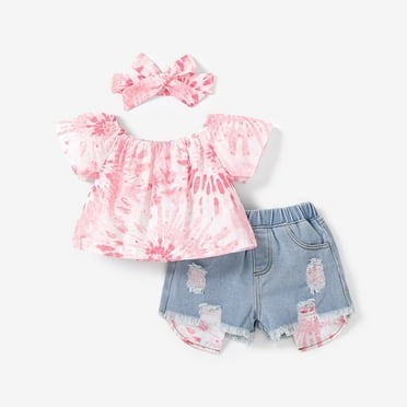 PatPat Kids Clothes Toddler Girls Outfit Sets 3pcs Tie Dye Off Shoulder Blouse and Denim Shorts & Headband Set, Pink, 5-6 Years
