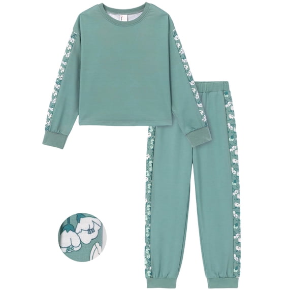 PatPat Kids Clothing 2 Piece Outfit Set Long Sleeve Top Pants Floral Side Print Green 7-8Y