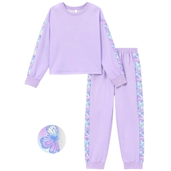 PatPat Kids Clothing 2 Piece Outfit Set Long Sleeve Top Pants Floral Side Print Purple 7-8Y