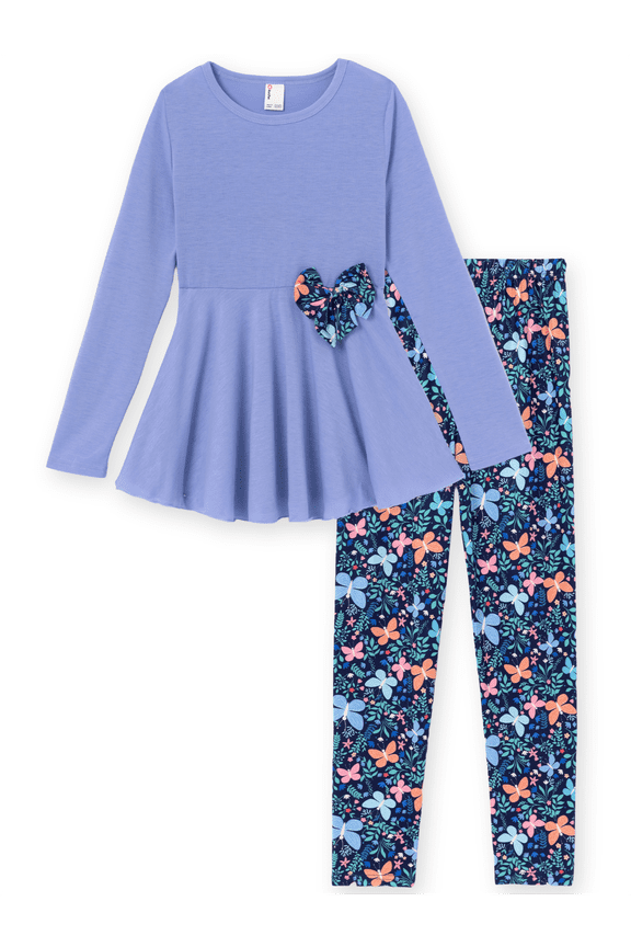 Kids Girls Clothes Bowknot Long Sleeve Top Dress Floral Allover Pants Legging 2 Piece Outfits Set Blue Sizes 5-12