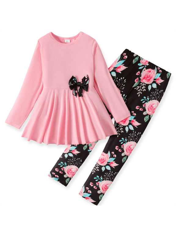 Long Sleeve Peplum Top Floral Print Leggings Outfit Set (Big Girls)