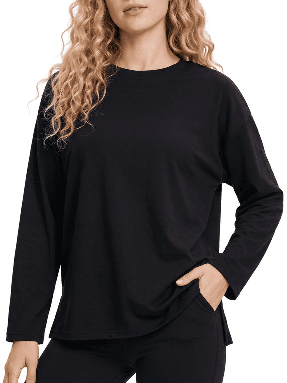 Women's Long Sleeve Pajama Top, Loose-Fit Solid-Color Lounge Shirt with Crew Neck S-3X, Black, M