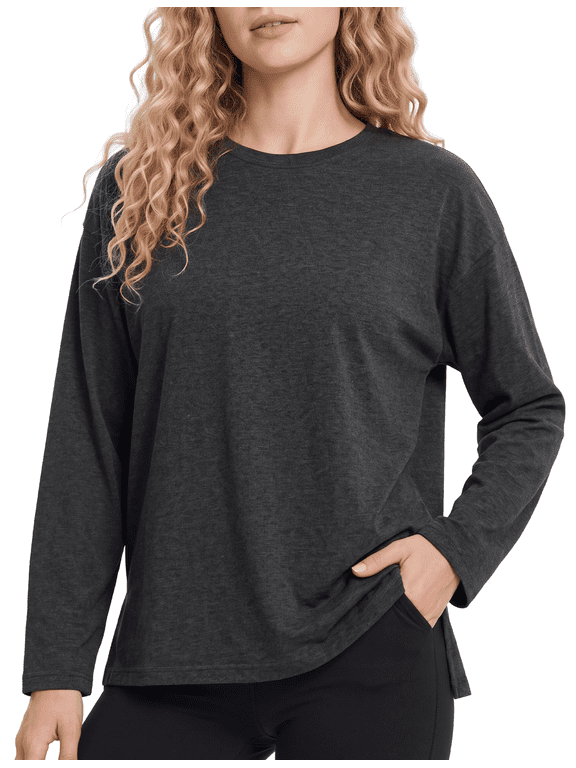 Women's Plus Size Long Sleeve Pajama Top, Loose-Fit Solid-Color Lounge Shirt with Crew Neck S-3X, Dark Grey, XXL