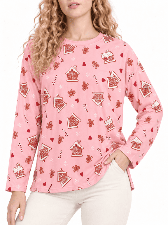 Women's Christmas Pajama Top, Long Sleeve Cute Pajama for Women with Crew Neck S-3X, Pink, M