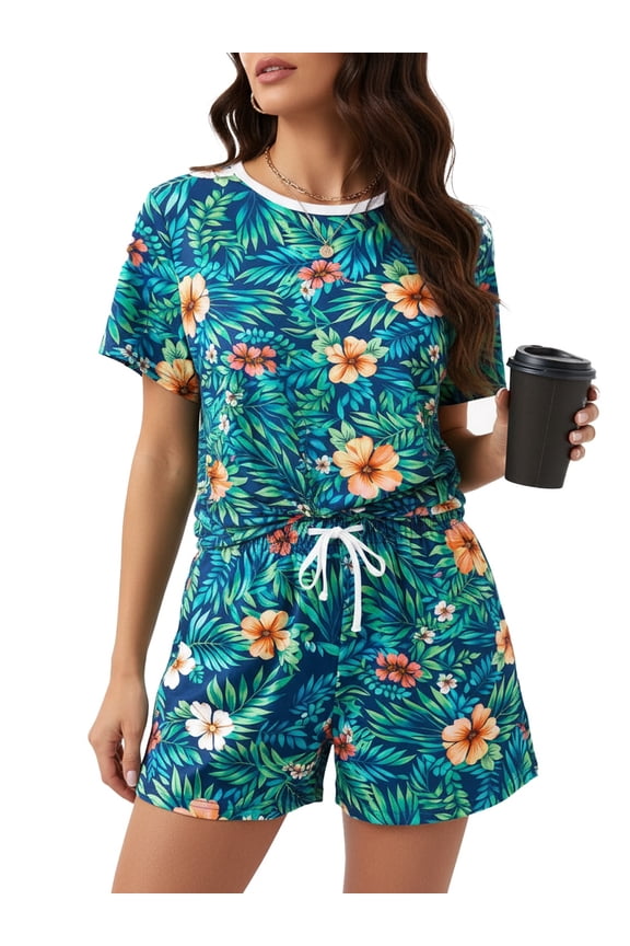 Lounge Sets for Women 2 Piece Pajama Set Vacation Outfits Short Sleeve Top and Shorts Trendy Home and Street Loungewear with Drawstring Pockets, Tibetan Blue, M