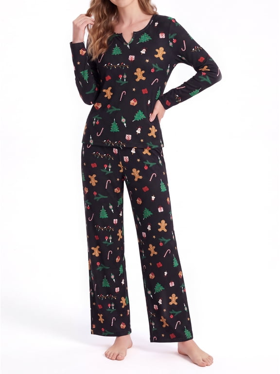 Christmas Pajamas for Women 2 Piece Ribbed Lounge Sets Cute Gingerbread Man Prints Long Sleeve Top and Pants Soft Comfy PJs Sets, Black, 3XL
