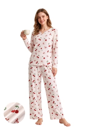 Pajamas Set for Women 2 Piece Ribbed Long Sleeve Top and Pants Cherry & Bow Print Loungewear Soft Comfy PJs Sets, Light Pink, 3XL