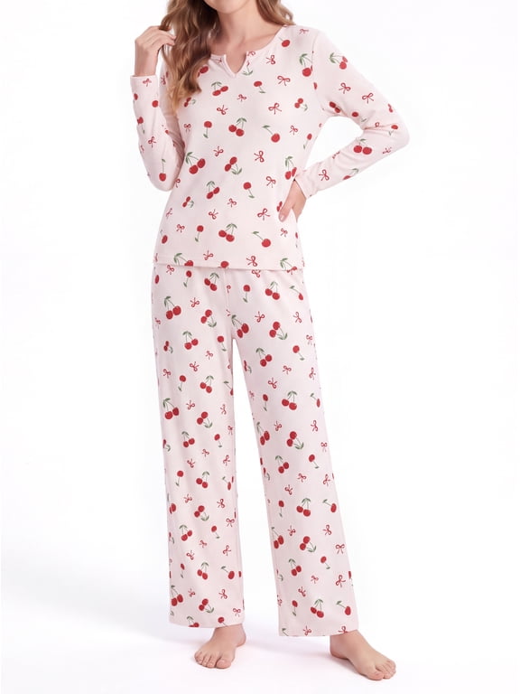Pajamas Set for Women 2 Piece Ribbed Long Sleeve Top and Pants Cherry & Bow Print Loungewear Soft Comfy PJs Sets, Light Pink, M