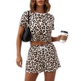 thumbnail image 1 of PatPat Lounge Sets for Women Pajamas 2 Piece Short Sleeve Top and Shorts Loungewear Trendy Leopard Prints Outfits Sets with Drawstring Pockets, Khaki, S, 1 of 12