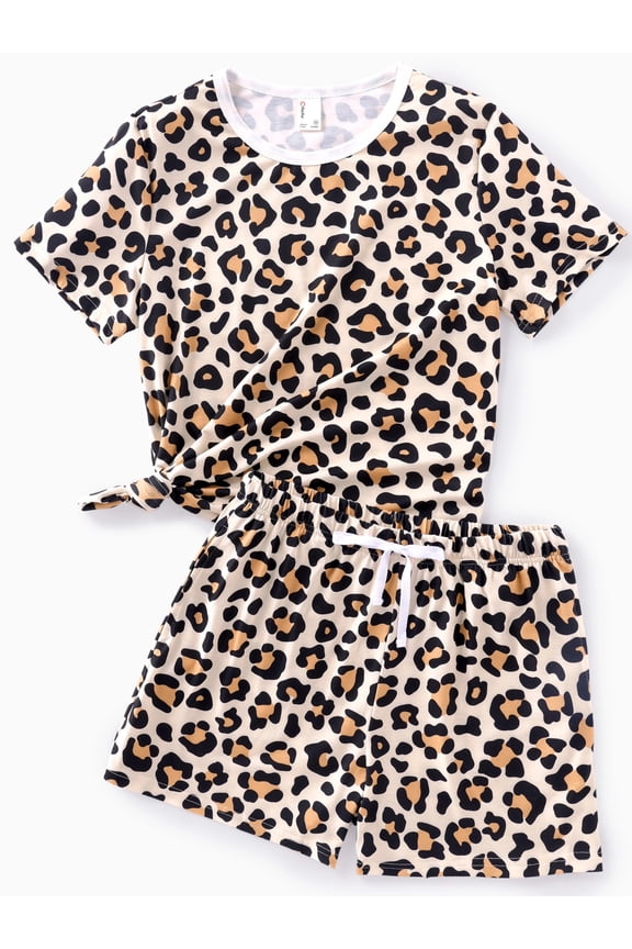 Lounge Sets for Women Pajamas 2 Piece Short Sleeve Top and Shorts Loungewear Trendy Leopard Prints Outfits Sets with Drawstring Pockets, Khaki, XL