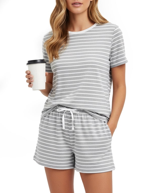 Lounge Sets for Women Pajamas 2 Piece Short Sleeve Top and Shorts Striped Casual Loungewear Outfits Sets with Drawstring Pockets, Light Grey, M