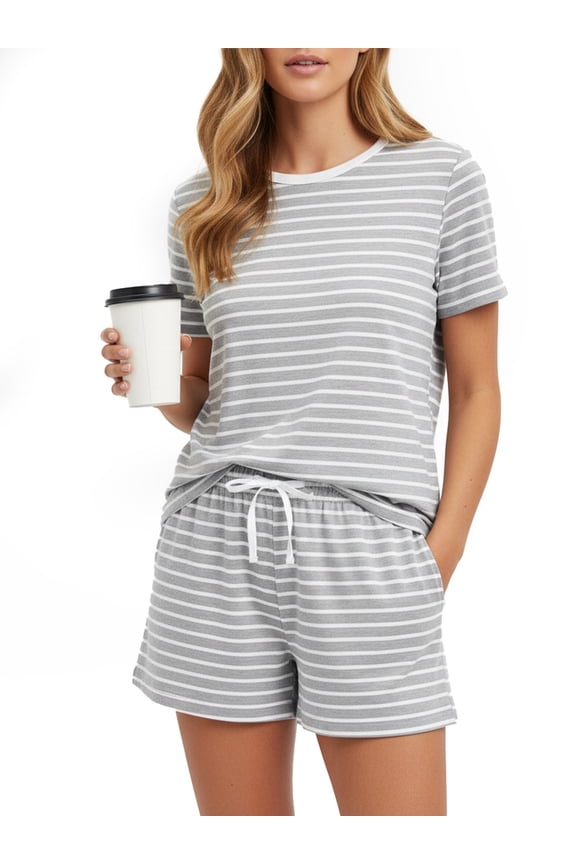 Lounge Sets for Women Pajamas 2 Piece Short Sleeve Top and Shorts Striped Casual Loungewear Outfits Sets with Drawstring Pockets, Light Grey, M