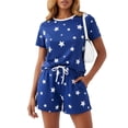 thumbnail image 1 of PatPat Lounge Sets for Women Pajamas 2 Piece Short Sleeve Top and Shorts Striped Casual Stars Sleepwear Outfits Sets with Drawstring Pockets, Deep Blue, L, 1 of 12