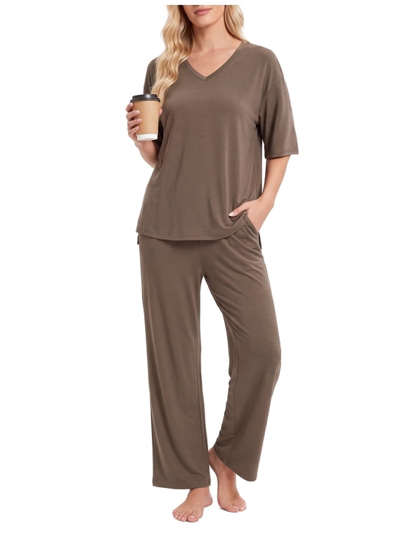 Lounge Sets for Women V Neck Short Sleeve Tops and Straight-Leg Pants Soft Comfy Pajamas Set Oversized 2 Piece Casual Women's Loungewear Outfits with Pockets Brown, M