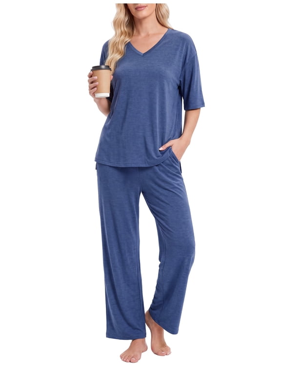 Lounge Sets for Women V Neck Short Sleeve Tops and Straight-Leg Pants Soft Comfy Pajamas Set Oversized 2 Piece Casual Women's Loungewear Outfits with Pockets Tibetan blue, M
