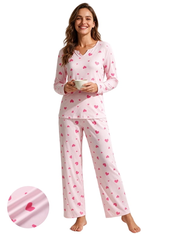 Women Pajamas Set 2 Piece Ribbed Long Sleeve Top and Pants Sweet Heart Print Loungewear Soft Comfy PJs Sets, Pink, M