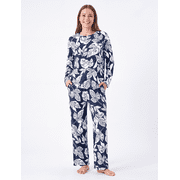 PatPat Pajamas for Women Set 2 Piece PJ Sets Leaf Prints Long Sleeve Womens Pajamas with Pockets Deep Blue, M