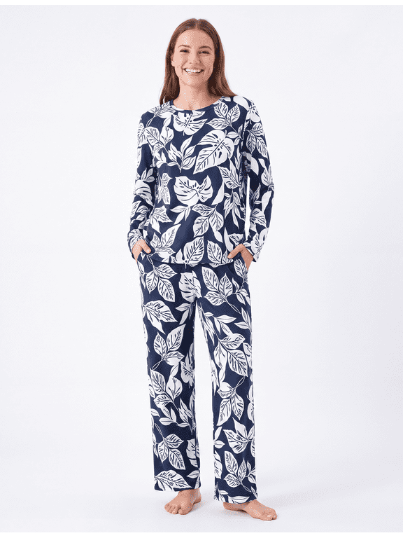Pajamas for Women Set 2 Piece PJ Sets Leaf Prints Long Sleeve Womens Pajamas with Pockets Deep Blue, M