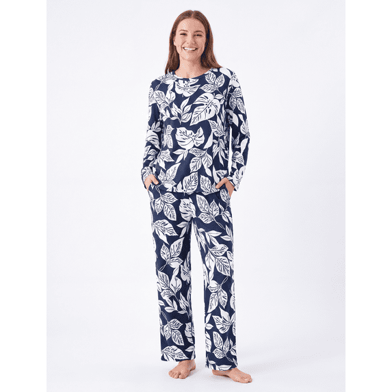 PatPat Pajamas for Women Set 2 Piece PJ Sets Leaf Prints Long Sleeve Womens Pajamas with Pockets Deep Blue, S