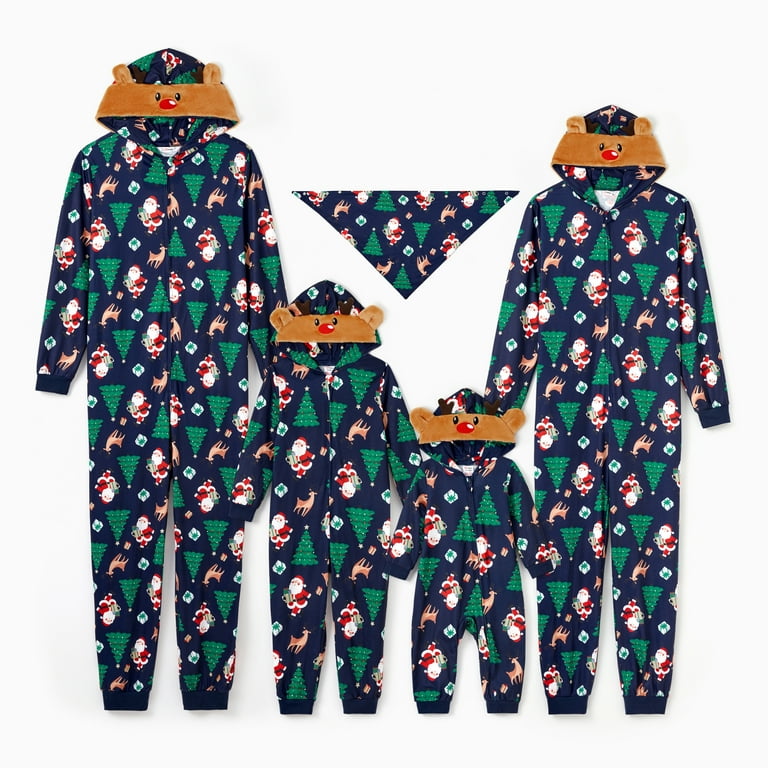 PatPat Christmas Family Matching Pajamas Sets Reindeer Hooded Onesie PJs Sets Holiday Gift for Kids Couple Dog Pajamas Blue New Version