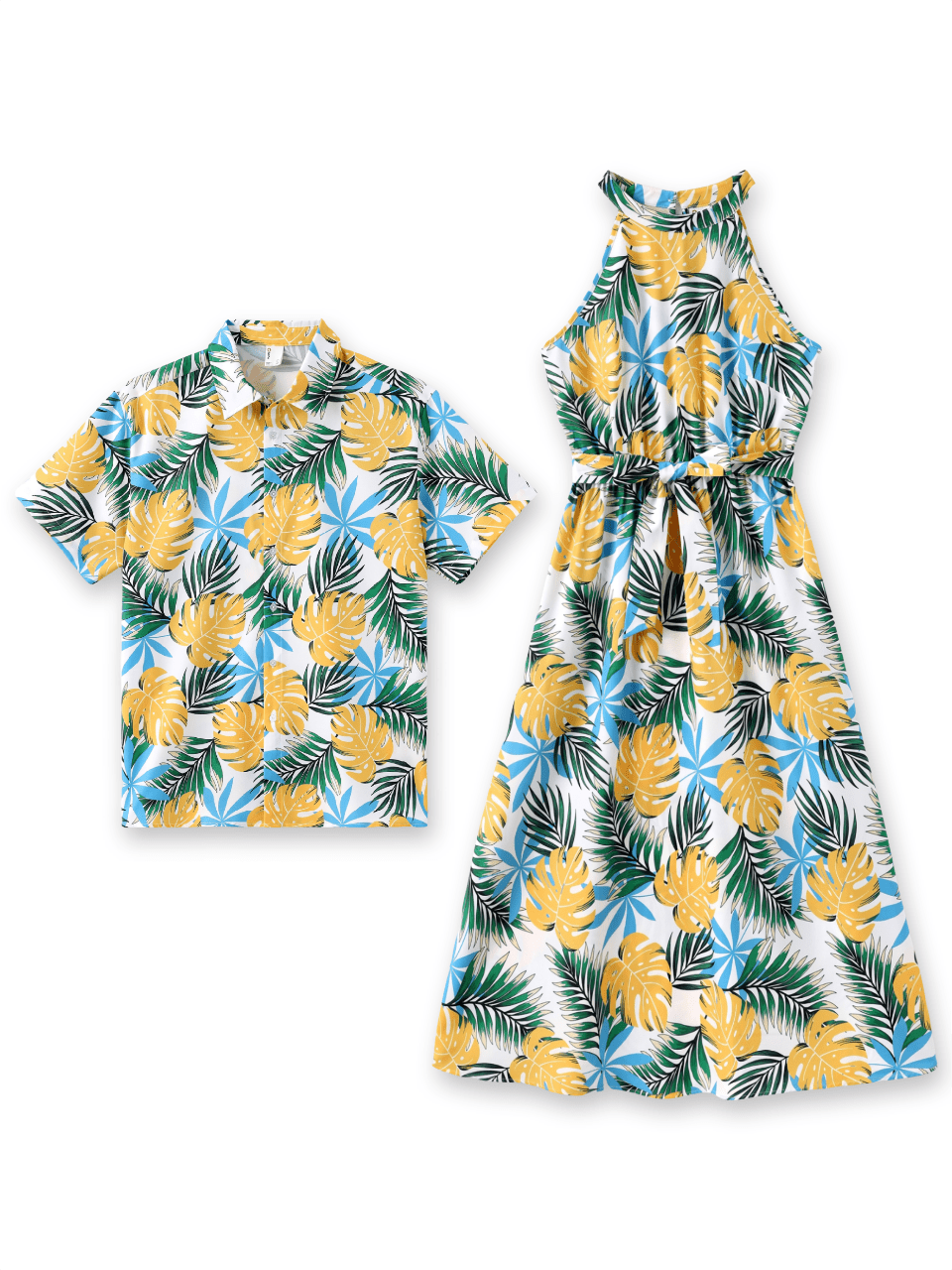 PATPAT Family Matching Hawaiian Outfits - Mommy & Me Tropical Halter Sundresses & Shirts, White Floral Print - View #2