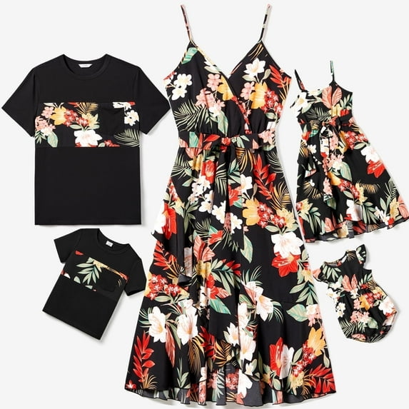 PatPat Men Summer Top Family Matching Large Floral Wrap Front Strap Dress and Colorblock T-shirt Sets Men M-XL