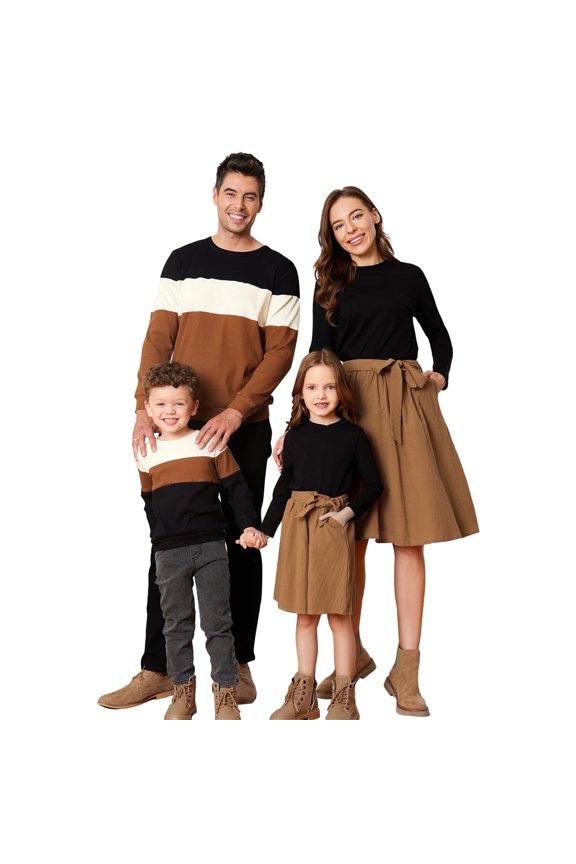 Men Sweater Family Matching Outfits Colorblock Ribbed Sweatshirts for Men, Khaki