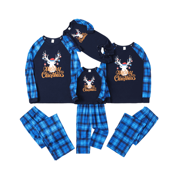 PatPat Christmas Pajamas for Men Family Matching 2 Pieces PJs Set Long Sleeve Top & Plaid Pants Holiday Sleepwear with Socks, Blue, XL
