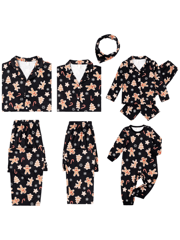 Family Matching Christmas Pajamas Cardigan Long Sleeve Button Down 2 Piece Top & Pants PJs Set Men Gingerbread Holiday Sleepwear with Socks, Black, L