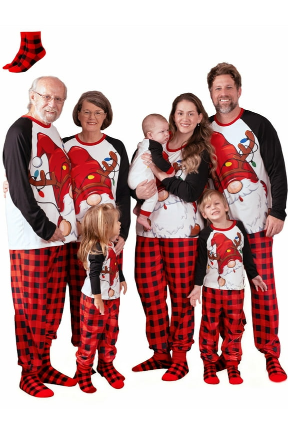 Mens Christmas Pajamas Family Matching Pajamas Santas Top and Red Plaid Pants 2 Piece Set with Socks Matching Pajamas for Couples Men L