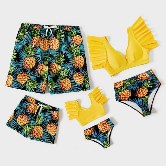 PatPat Mens Swim Trunks Allover Print Tropical Swim Shorts Family Matching Swimsuits Bathing Suit for Women Men Girls Boys