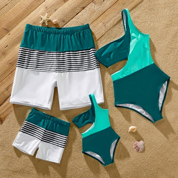 PatPat Mens Swim Trunks Family Matching Plant Print Ruffled Swim Shorts, Deep Turquoise, Dad XXL