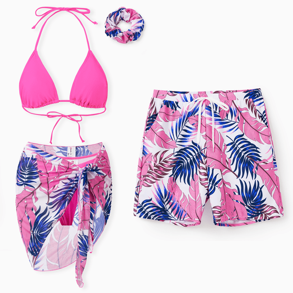 PatPat Mens Swim Trunks Tropical Leaf Pink Quick Dry Bathing Shorts Matching Couple Swimsuits Beach Vacation Wear Couple Gifts