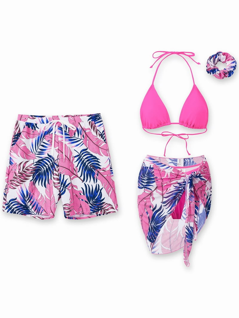 PatPat Mens Swim Trunks Tropical Leaf Pink Quick Dry Bathing