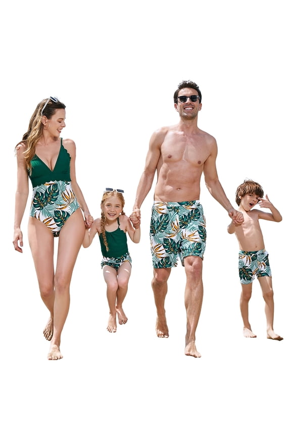 Mens Swim Trunks Tropical Plants Swim Shorts Family Matching Swimsuits Bathing Suit for Women Men Girls Boys, Dark Green, Dad XL