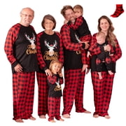 PatPat Merry Christmas Pajamas for Women Family Matching 2 Piece Holiday Pjs Sets Elk Plaid Splice Long Sleeve Sleepwear with Socks, Red Plaid, M