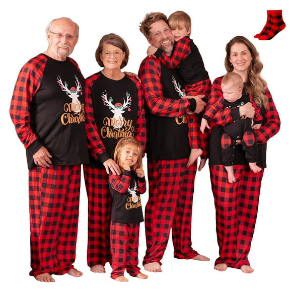 PatPat Merry Christmas Pajamas Family Matching 2 Piece Holiday Pjs Sets with Christmas Socks Elk Plaid Splice Long Sleeve Sleepwear for Kids Girls Boys, Red Plaid, 4-5 Years